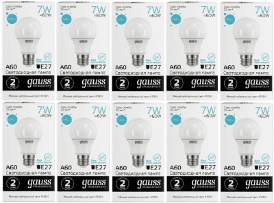 Лампа светодиодная Gauss Elementary 7Вт цок.:E27 груша 220B 6500K св.свеч.бел.хол. A60 (упак.:10шт) (23237A)