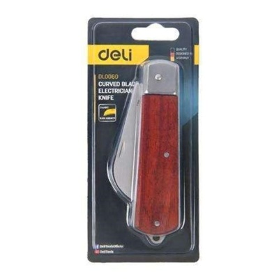 Нож электрика изогнутый складной Deli DL0060 длина 200мм, нержавеющая сталь, деревянная рукоять