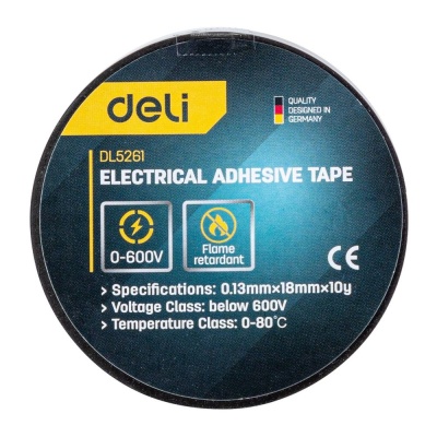 Изолента Deli DL5261 0,13мм х 18мм х 10м, напряжения до 600В, температурный рейтинг 0-80, ПВХ