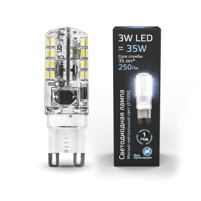 Лампа светодиодная Gauss G9 3Вт цок.:G9 капсул. 220B 4100K св.свеч.бел.нейт. (упак.:1шт) (107709203)