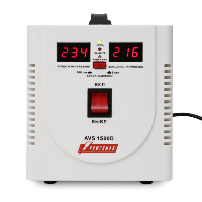 Стабилизатор POWERMAN AVS 1500D, ступенчатый регулятор, цифровые индикаторы уровней напряжения, 1500ВА, 140-260В, максимальный входной ток 10А, 2 евророзетки, IP-20, напольный,  200мм х 160мм х 190мм, 4 кг. POWERMAN AVS 1500D
