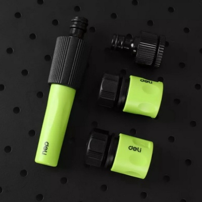 Набор соединителей для поливочных шлангов 5 шт 1/2" Deli DL8798 1/2" быстросъемный коннектор с аквастопом, 1/2" быстросъемный коннектор, штуцер 1/2"-3/4", регулируемая головка 110 мм для изменения формы струи, ударопрочный пластик