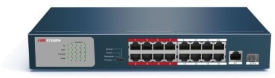 Неуправляемый коммутатор. 16 RJ45 100M PoE  с грозозащитой 6кВ; 1 Uplink порт 1000М Ethernet; 1 Uplink порт 1000М SFP; бюджет PoE 130Вт; Порты 9-16 поддерживают режим передачи до 250м,10Мб/с, CAT5e Hikvision DS-3E0318P-E/M(B)