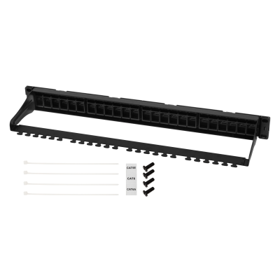Коммутационная панель SNR, 19" для модулей KeyStone, незагруженная, неэкранированная, 1U, 24 порта, cat.5e, разборная, порты со шторками