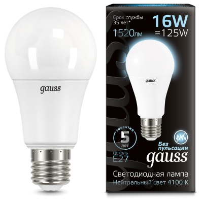 Лампа светодиодная Gauss A60 16Вт цок.:E27 груша 220B 4100K св.свеч.бел.ней. (упак.:10шт) (102502216)