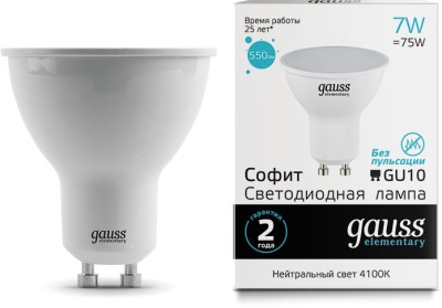 Лампа светодиодная Gauss Elementary MR16 7Вт цок.:GU10 спот 220B 4100K св.свеч.бел.ней. MR16 (упак.:10шт) (13627)