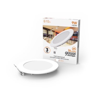Светильник светодиодный встраиаемый LED ДВО 9 Вт 610 Лм 3000К IP20 d145х22 мм монт d130 мм Slim Gauss Gauss 939111109