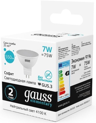 Лампа светодиодная Gauss 7Вт цок.:GU5.3 рефлек. 220B 4100K св.свеч.бел.нейт. MR16 (упак.:1шт) (13527)