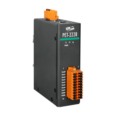 Ethernet-модуль с 8 каналами аналогового выхода, со встроенным 2-портовым Ethernet-коммутатором, с возможностью питания по PoE