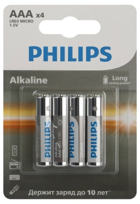 Philips Батарейки LR03A4B/51 ААА алкалиновые 1,5v, LR03-4BL Entry (4/48/144/27648). Блистер 4 шт.