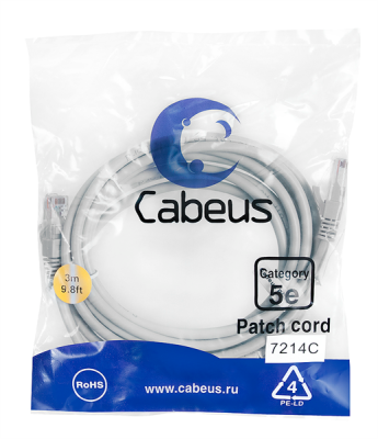Cabeus PC-UTP-RJ45-Cat.5e-3m Патч-корд U/UTP, категория 5е, 2xRJ45/8p8c, неэкранированный, серый, PVC, 3м (PC-UTP-RJ45-Cat.5e-3m)