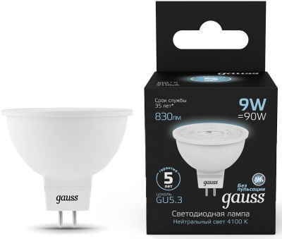 Лампа светодиодная Gauss 101505209 9Вт цок.:GU5.3 рефлек. 150B 4100K св.свеч.бел.нейт. MR16 (упак.:1шт)