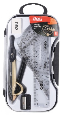 Циркуль Deli EG30404 корпус ассорти металл в компл.:линейка/транспортир/2 угольника/карандаш/ластик/точилка