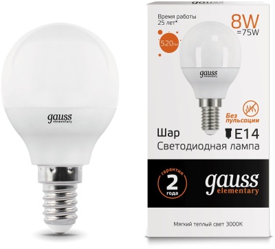 Лампа светодиодная Gauss 8Вт цок.:E14 шар 220B 3000K св.свеч.бел.теп. G45 (упак.:1шт) (53118)