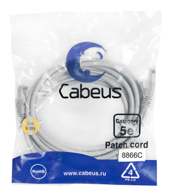 Cabeus PC-UTP-RJ45-Cat.5e-3m-LSZH Патч-корд U/UTP, категория 5е, 2xRJ45/8p8c, неэкранированный, серый, LSZH, 3м (PC-UTP-RJ45-Cat.5e-3m-LSZH)