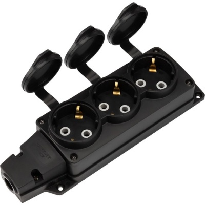 Розетка (колодка) Rexant 111-223 влагозащищенная с крышкой 3 гнезда COMPACT, с/з, 16А, IP54, каучук, черная