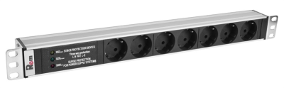 Блок розеток Rem-10 без шнура с фил. и инд., 7 Schuko, вход IEC 60320 C14, 10A, алюм., 19" (R-10-7S-FI-440-Z)