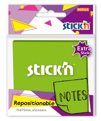 Блок самоклеящийся бумажный Stick`n 27097 76x76мм 45лист. зеленый неон 1цв.в упак. усиленный клей