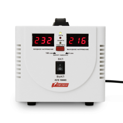 Стабилизатор POWERMAN AVS 1000D, ступенчатый регулятор, цифровые индикаторы уровней напряжения, 1000ВА, 140-260В, максимальный входной ток 7А, 2 евророзетки, IP-20, напольный,  200мм х 150мм х 140мм, 2,3 кг. POWERMAN AVS 1000D