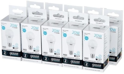 Лампа светодиодная Gauss Elementary 20Вт цок.:E27 груша 220B 4100K св.свеч.бел.ней. A60 (упак.:10шт) (23229)