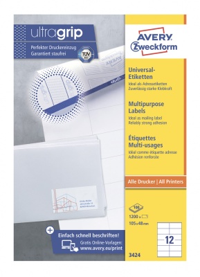 Этикетки Avery Zweckform 3424 A4 105x48мм 12шт на листе/70г/м2/100л./белый матовое самоклей. универсальная