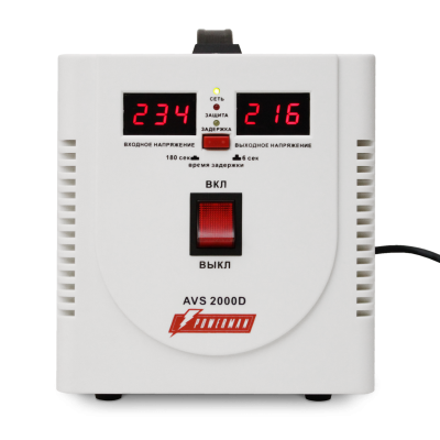 Стабилизатор POWERMAN AVS 2000D, ступенчатый регулятор, цифровые индикаторы уровней напряжения, 2000ВА, 140-260В, максимальный входной ток 12А, 2 евророзетки, IP-20, напольный,  200мм х 160мм х 190мм, 4.9 кг. POWERMAN AVS 2000D