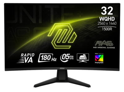 Монитор MSI 32CQ6F 31.5" 16:9 WQHD(2560x1440) Rapid VA Curve 1500R,DisplayHDR 400, 0,5ms(GTG), 3500:1, 100M:1,400nits, 178/178, 2xHDMI 2.0, 1xDP 1.4, Tilt, VESA, 180HZ, Black, 1y war-ty