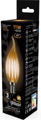 Лампа филам. Gauss Filament 11Вт цок.:E14 свеча 220B 2700K св.свеч.бел.теп. CF35 (упак.:1шт) (104801111)