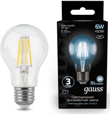 Лампа филам. Gauss Filament A60 6Вт цок.:E27 груша 220B 4100K св.свеч.бел.нейт. (упак.:1шт) (102802206)