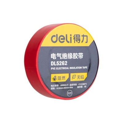 Изолента Deli DL5262 красная, 0,13мм х 18мм х 9,15м, напряжение до 600В, температурный диапазон 0-80 грд., ПВХ