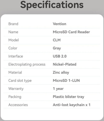 Картридер Vention OTG USB 2.0 CM / MicroSD - Серый Vention CLMH0
