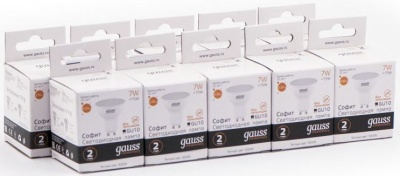Лампа светодиодная Gauss Elementary MR16 7Вт цок.:GU10 спот 220B 3000K св.свеч.бел.теп. (упак.:10шт) (13617)