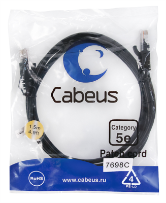 Патч-корд u/utp, категория 5е Cabeus PC-UTP-RJ45-Cat.5e-1.5m-BK-LSZH Патч-корд U/UTP, категория 5е, 2xRJ45/8p8c, неэкранированный, черный, LSZH, 1.5м (PC-UTP-RJ45-Cat.5e-1.5m-BK-LSZH)
