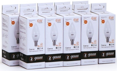 Лампа светодиодная Gauss Elementary 6Вт цок.:E14 свеча 220B 3000K св.свеч.бел.теп. C37 (упак.:10шт) (33116)