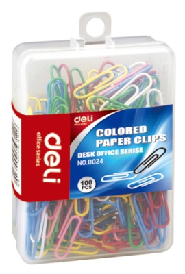 Скрепки Deli E0024 пластиковая оболочка 29мм ассорти (упак.:100шт) пластиковая коробка