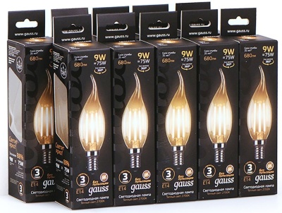 Лампа светодиодная Gauss Filament 9Вт цок.:E14 свеча 220B 2700K св.свеч.бел.теп. CF35 (упак.:1шт) (104801109)