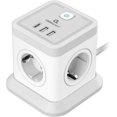 Cablexpert Сетевой фильтр Tower TWR-4-CU2-W-2 (4р, 10А, 1xType-C PD, 20Вт, 2 х USB, 2м, ур.защиты 2+) белый, коробка {22557}
