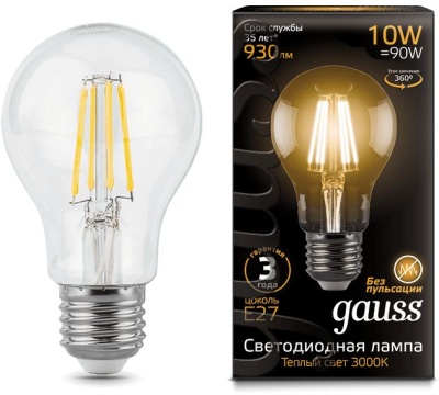 Лампа филам. Gauss Filament A60 10Вт цок.:E27 груша 220B 2700K св.свеч.бел.теп. (упак.:1шт) (102802110)