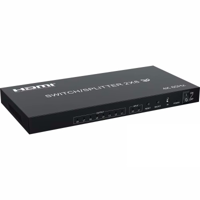 ORIENT HSP0208H-2.0, HDMI переключатель/разветвитель 2->8, UHD 4K/60Гц (3840x2160), HDR, HDMI 2.0, HDCP 2.2, пульт ДУ, внешний БП 5В/2A, метал.корпус (33321)