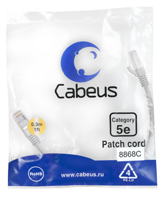 Cabeus PC-FTP-RJ45-Cat.5e-0.3m-LSZH Патч-корд F/UTP, категория 5е, 2xRJ45/8p8c, экранированный, серый, LSZH, 0.3м (PC-FTP-RJ45-Cat.5e-0.3m-LSZH)