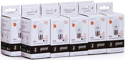Лампа светодиодная Gauss Elementary 6Вт цок.:E27 шар 220B 3000K св.свеч.бел.теп. (упак.:10шт) (53216)