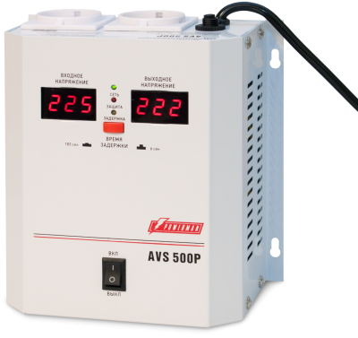 Стабилизатор POWERMAN AVS 500P, ступенчатый регулятор, цифровые индикаторы уровней напряжения, 500ВА, 110-260В, максимальный входной ток 5А, 2 евророзетки, IP-20, навесной,   185мм х 170мм х 100мм, 2,5 кг. POWERMAN AVS 500P (POWERMAN AVS-500P)