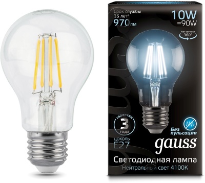Лампа филам. Gauss 10Вт цок.:E27 шар 220B 4100K св.свеч.бел.нейт. A60 (упак.:10шт) (102802210)