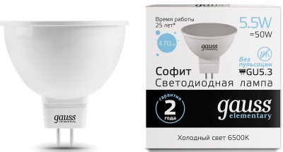 Лампа светодиодная LED 5.5 Вт 470 лм 6500К AC180-240В GU5.3 софит MR16 холодная Elementary Gauss Gauss 13536