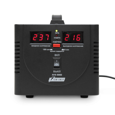 Стабилизатор POWERMAN AVS 500D, черный, ступенчатый регулятор, цифровые индикаторы уровней напряжения, 500ВА, 140-260В, максимальный входной ток 5А, 2 евророзетки, IP-20, напольный,  200мм х 150мм х 140мм, 2,3 кг. POWERMAN AVS 500D (POWERMAN AVS 500D Blac