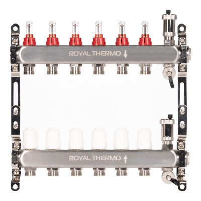 Коллектор Royal Thermo нерж. в сборе с расходомерами 1" ВР-3/4" НР с автомат. воздухоотвод-ми 6 вых.