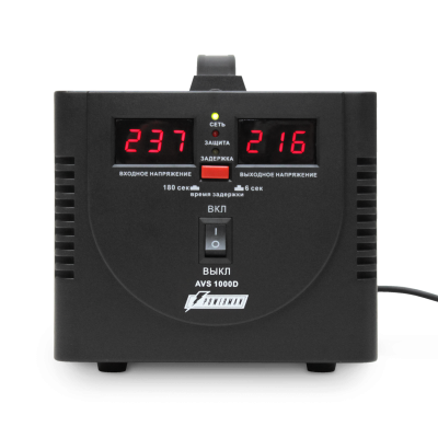 Стабилизатор POWERMAN AVS 1000D, черный, ступенчатый регулятор, цифровые индикаторы уровней напряжения, 1000ВА, 140-260В, максимальный входной ток 7А, 2 евророзетки, IP-20, напольный,  200мм х 150мм х 140мм, 2,3 кг. POWERMAN AVS 1000D (POWERMAN AVS 1000D 