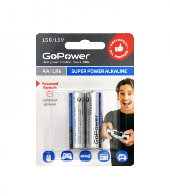 Батарейка GoPower LR6 AA BL2 Alkaline 1.5V (2/24/480) блистер (2 шт.) Батарейка GoPower LR6 AA (00-00019861)