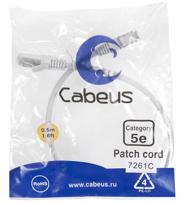 Патч-корд f/utp Cabeus PC-FTP-RJ45-Cat.5e-0.5m Патч-корд F/UTP, категория 5е, 2xRJ45/8p8c, экранированный, серый, PVC, 0.5м (PC-FTP-RJ45-Cat.5e-0.5m)